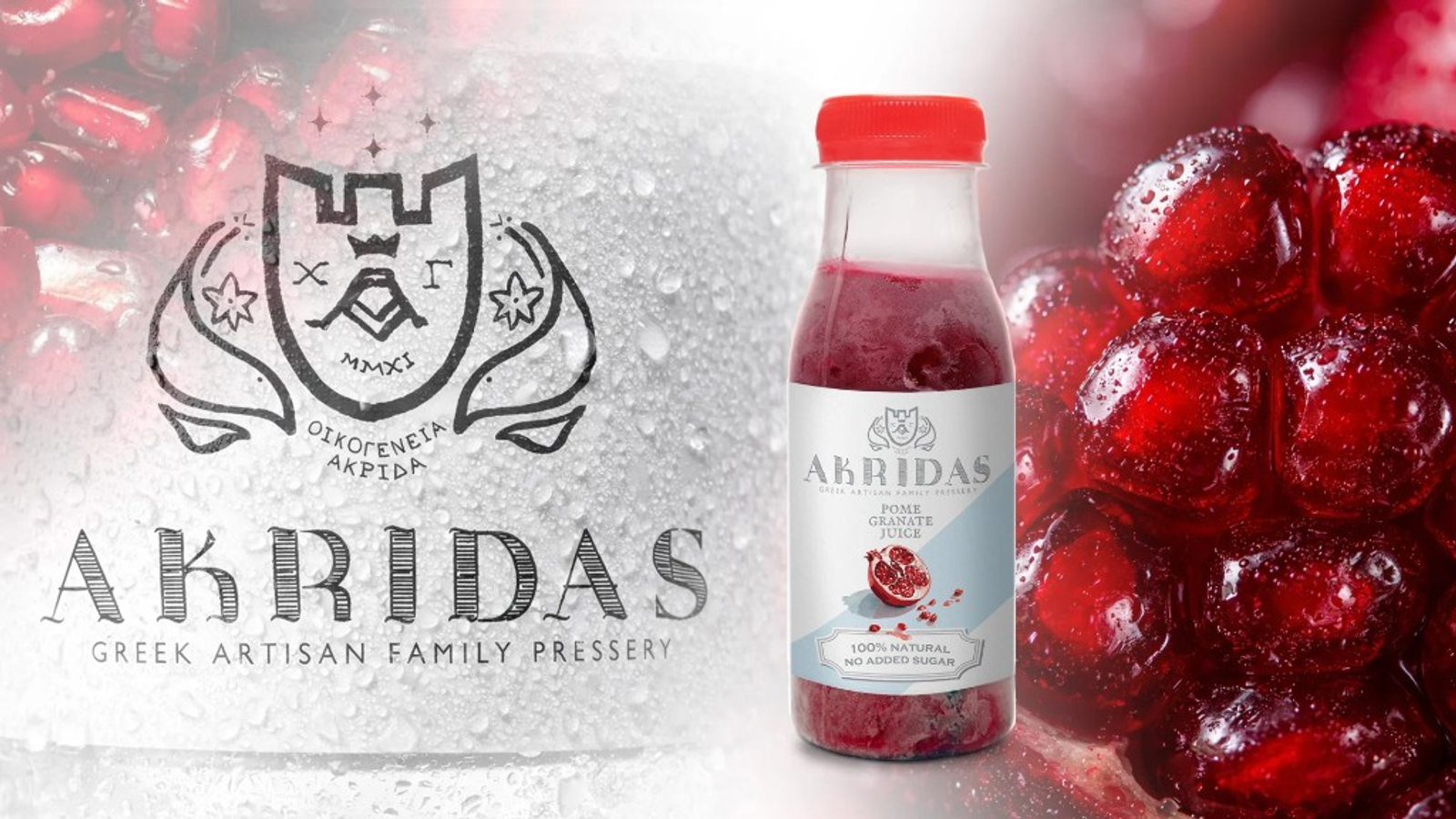 Akridas Greek Artisan Family Pressery — large crest and branding, pomegranate juice bottle with English label, macro close-up of glistening arils with water droplets